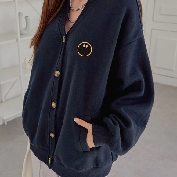 Minimalist Navy Smiley Button-Up Cardigan | Street Style Layer | Cozy Oversized - Picture 5 of 6
